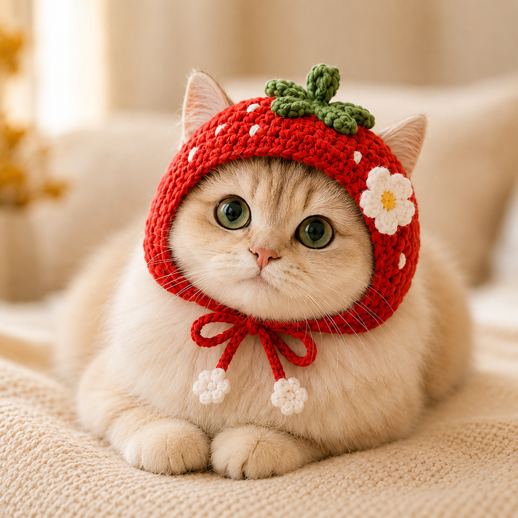 Strawberry Cat Bonnet Crochet Pattern, Crochet Cat Hat PDF, Strawberry Garden Pet Hat Pattern, Cat Bonnet Pattern, Digital PDF