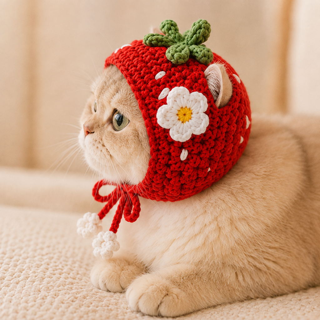 Strawberry Cat Bonnet Crochet Pattern, Crochet Cat Hat PDF, Strawberry Garden Pet Hat Pattern, Cat Bonnet Pattern, Digital PDF