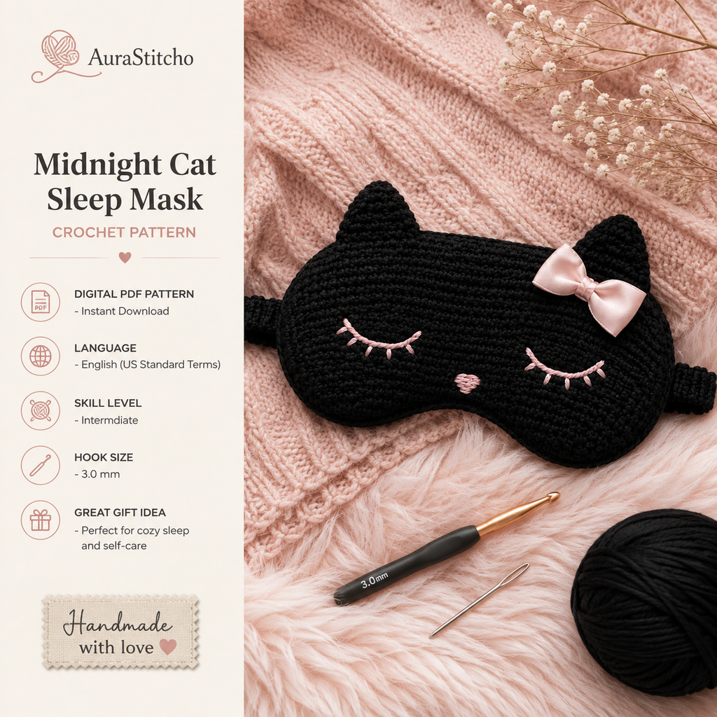 Cat Sleep Mask Crochet Pattern PDF | Midnight Kitty Eye Mask Pattern | Crochet Sleep Mask | Cat Lover Gift | Digital Download