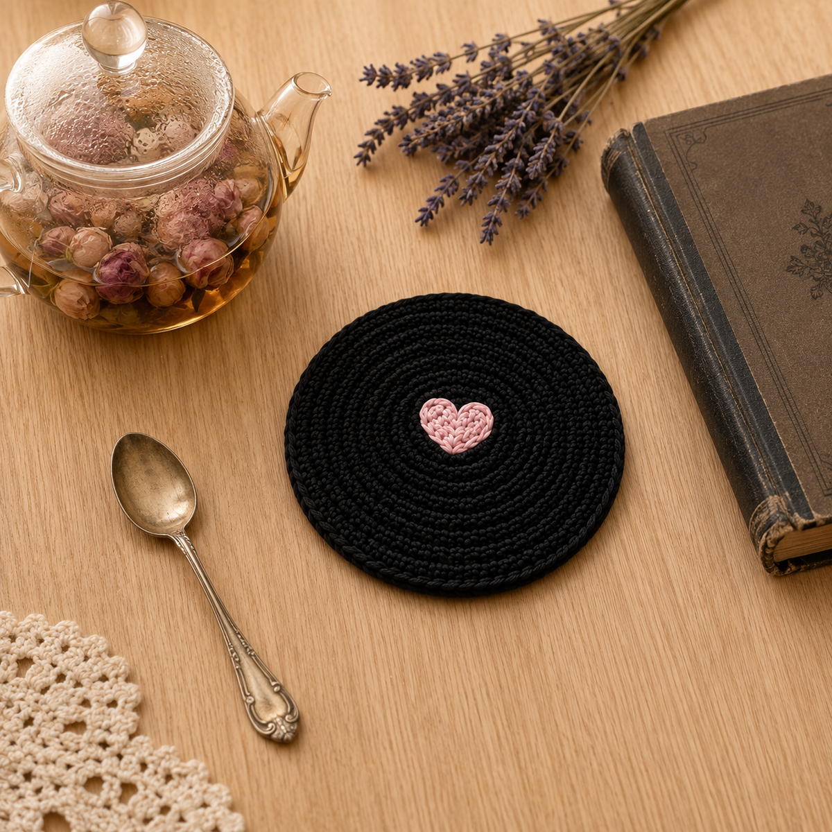 Heart Coaster Crochet Pattern PDF | Black Crochet Coaster Pattern | Valentine Home Decor | Mug Coaster | Beginner Crochet Pattern