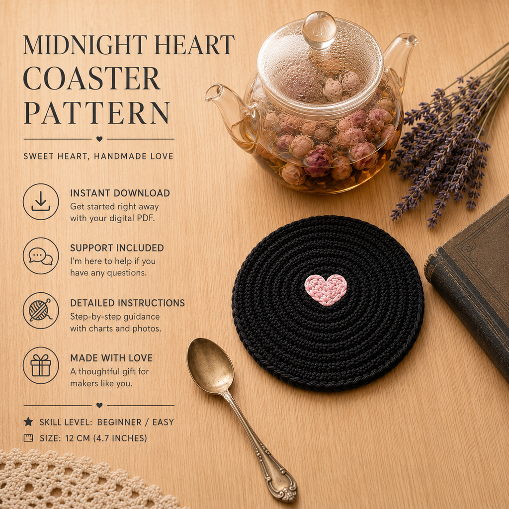 Heart Coaster Crochet Pattern PDF | Black Crochet Coaster Pattern | Valentine Home Decor | Mug Coaster | Beginner Crochet Pattern