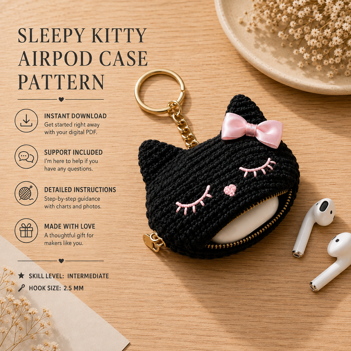 Sleepy Kitty AirPods Case Crochet Pattern PDF | Cat Earbud Case Pattern | Crochet AirPods Pouch | Digital Download