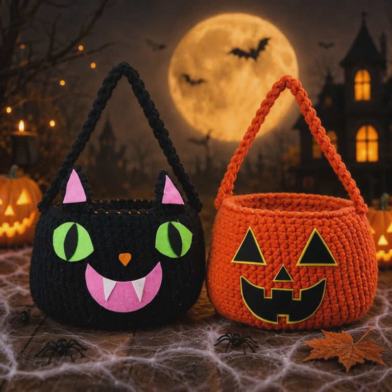 Halloween Crochet Basket Pattern PDF – Pumpkin & Black Cat Treat Baskets, Spooky Halloween Crochet Pattern